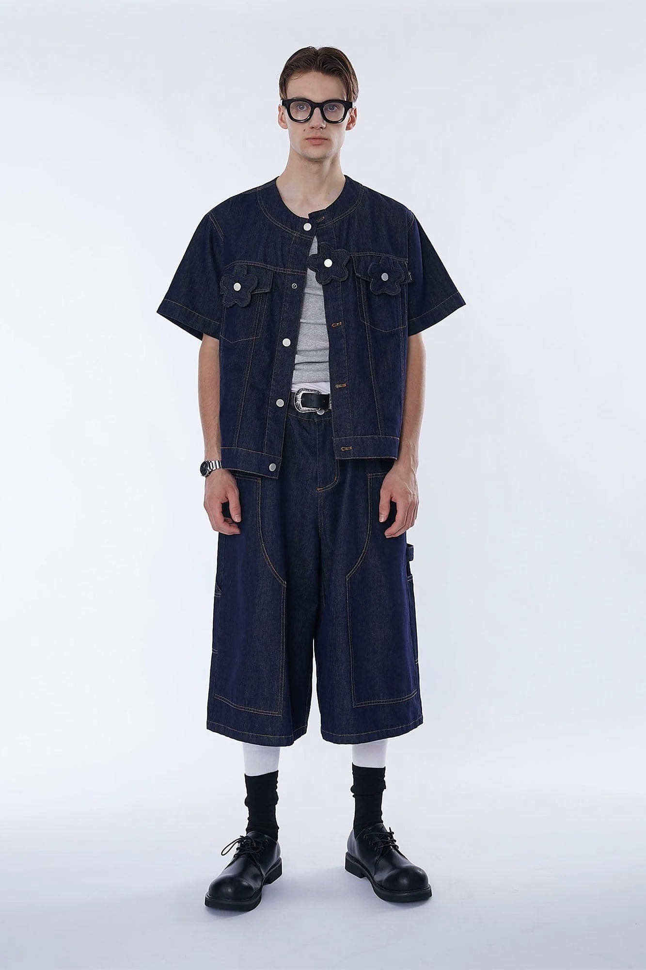 ASSEEN Flower Patchwork Stitched Raw Denim Half Shirt