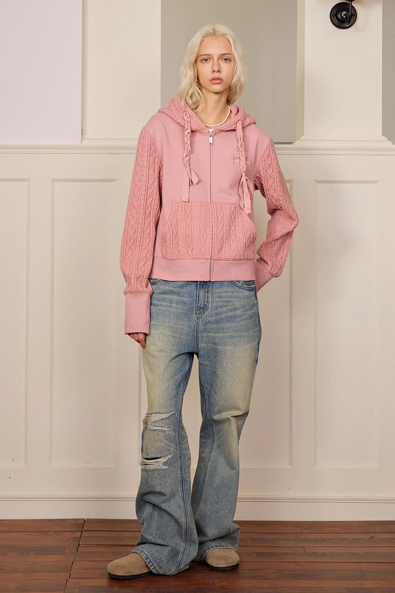 DONSMOKE Spliced Cable-Knit Zip-Up Hoodie