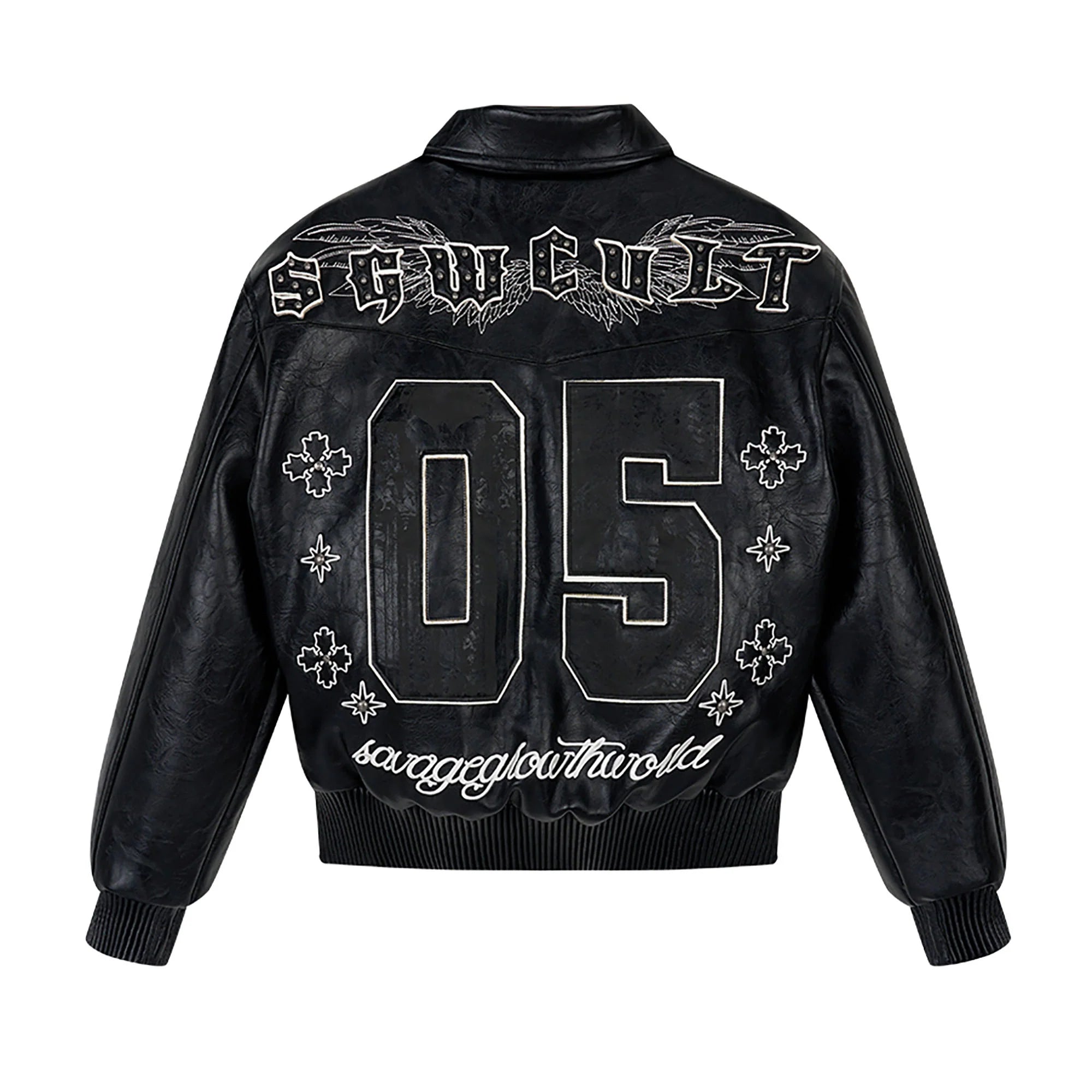 SAVAGEGROWTHWORLD No.05 Patch Faux Leather Studded Moto Jacket