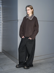 LABELROOM Modern Faux-Fur Collar Wool Jacket Brown