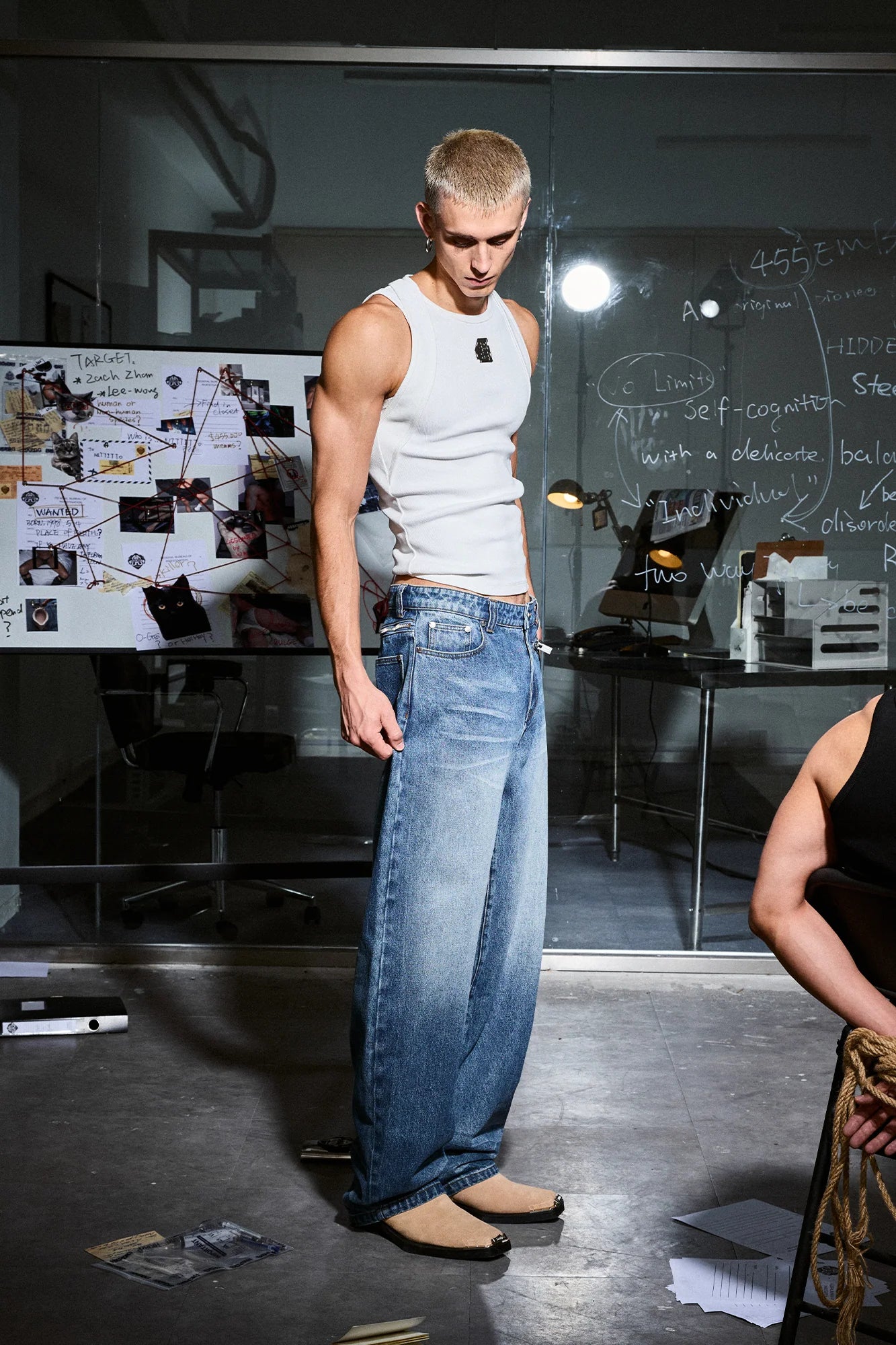 455EMBLE Washed Waist-Zip Wide-Leg Jeans