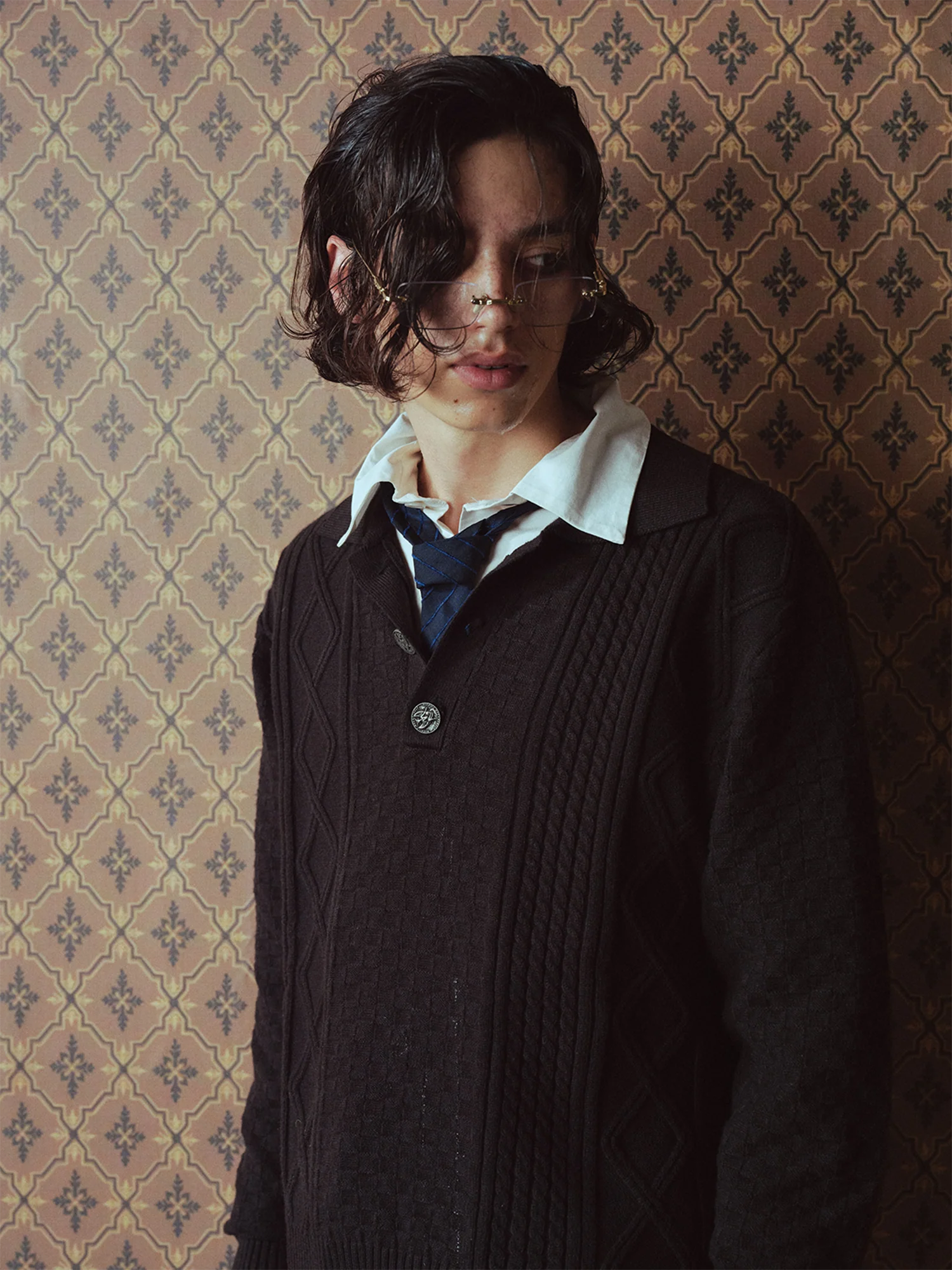 RICHILL Classic Mental-Button Cable Polo Sweater