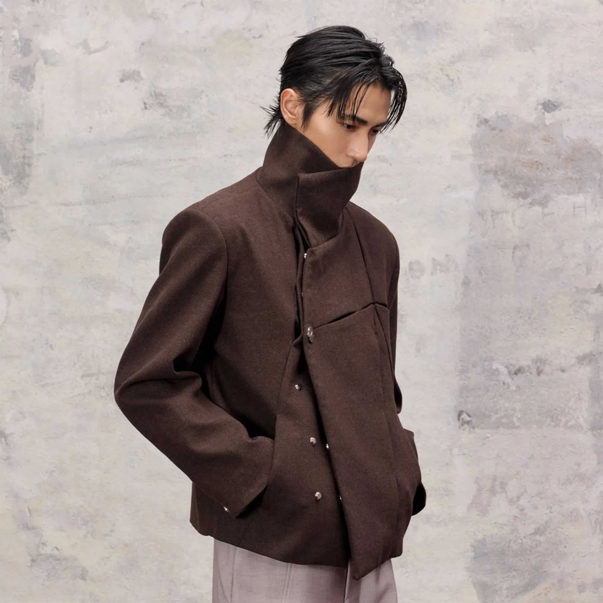 ALVNG AR ANTS Asymmetrical Wool-Blend High-Neck Jacket