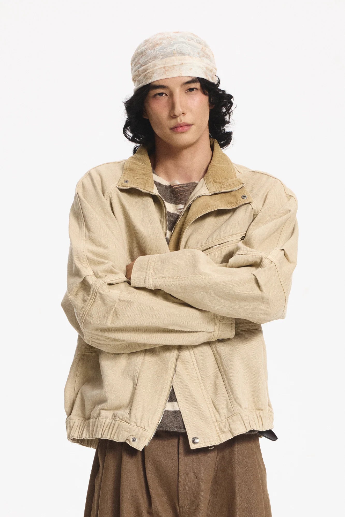 LEONSENSE Utility Raglan Stand-Collar Denim Jacket
