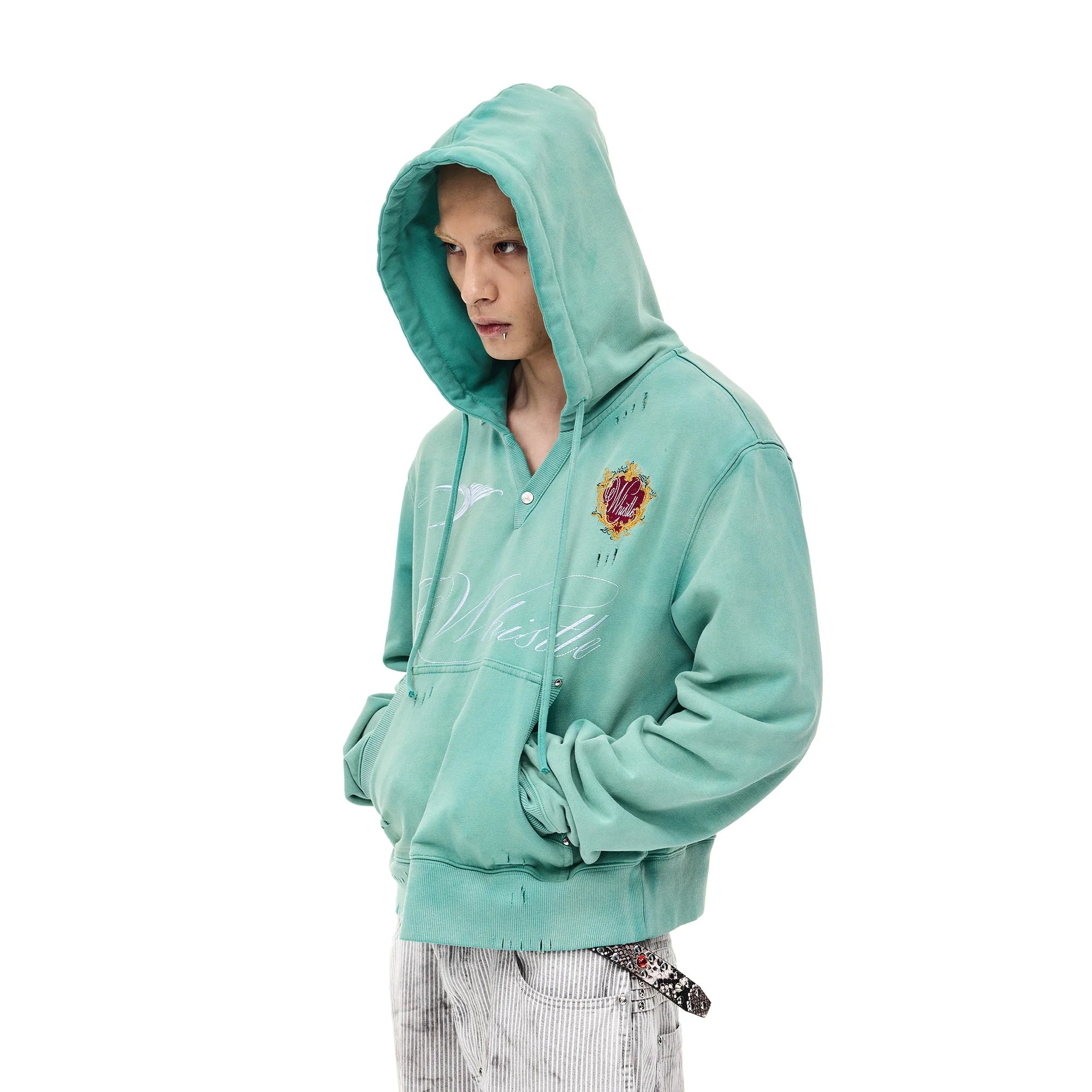 WHISTLEHUNTER Distressed Embroidered V-Neck Hoodie
