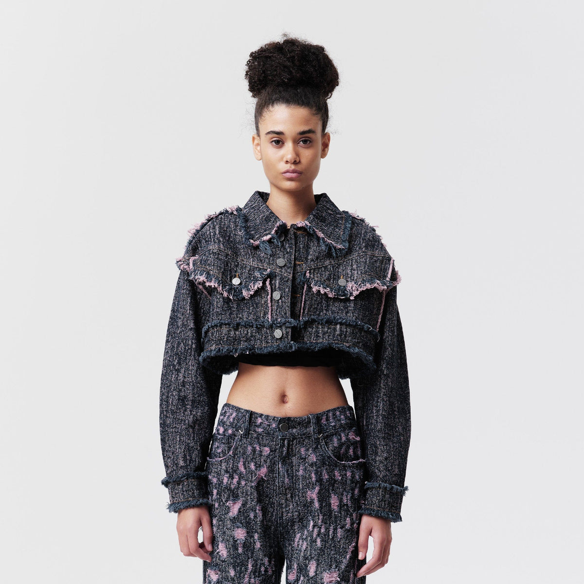 VANN VALRENCE Distressed Frayed Cropped Denim Jacket