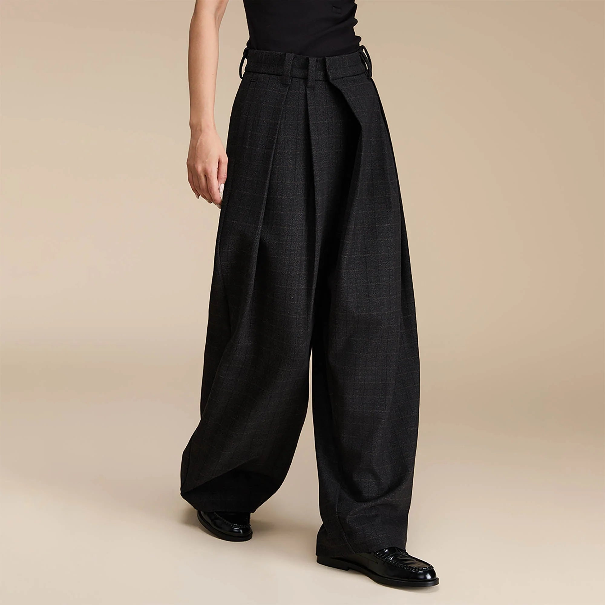 OPICLOTH Plaid Crinkled Wide-Leg Trousers