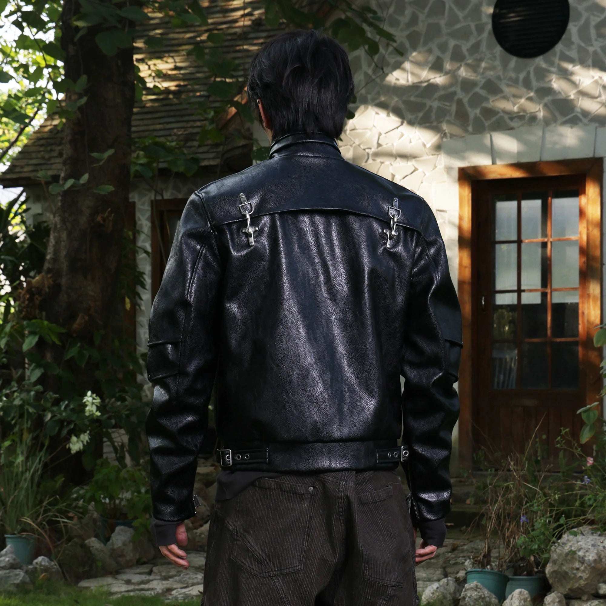 FLYERRER Hook-Buckle Faux Leather Rivet Jacket