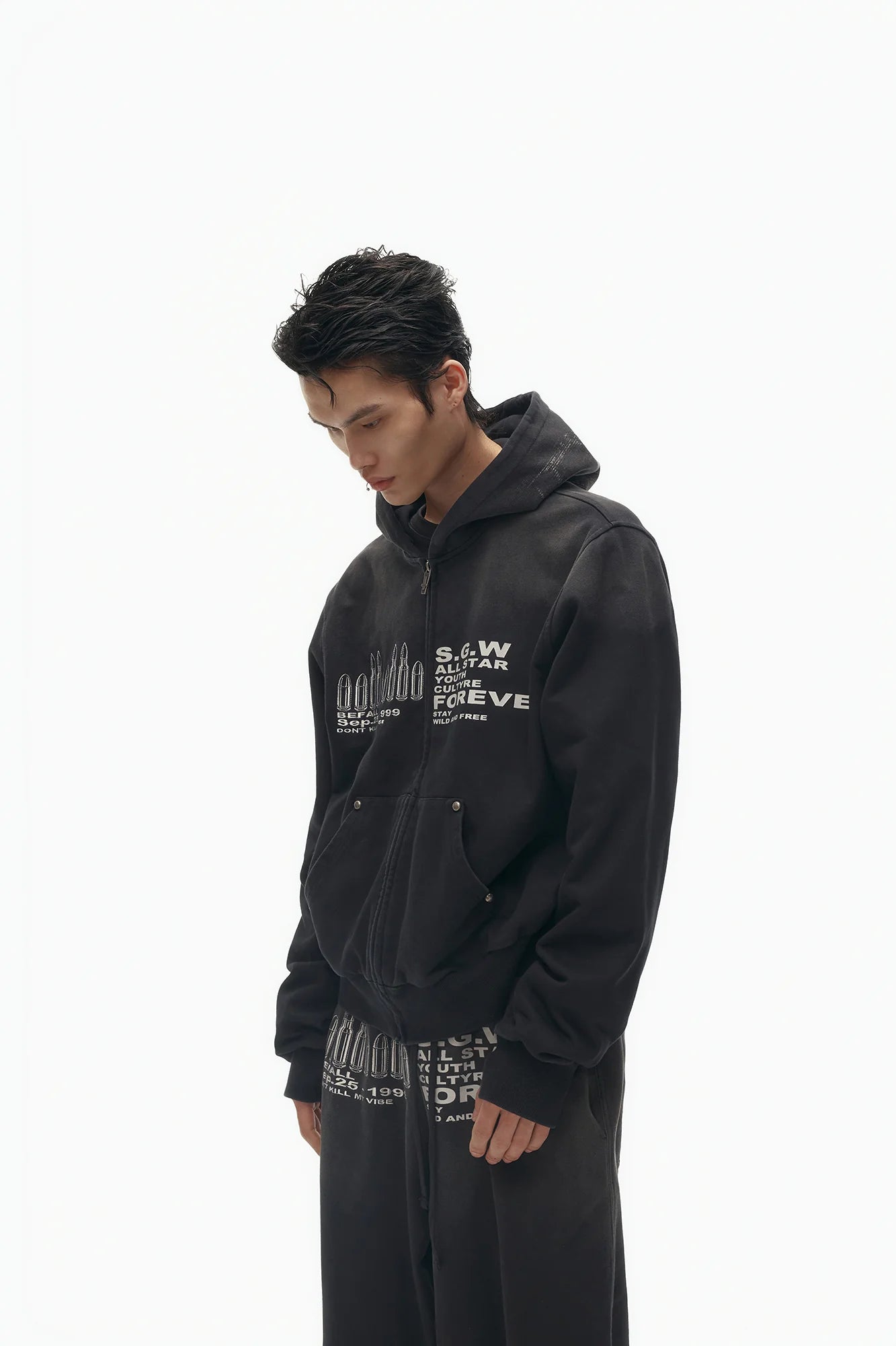 SAVAGEGROWTHWORLD Bullet Hole Graphic Washed Zip-Up Hoodie