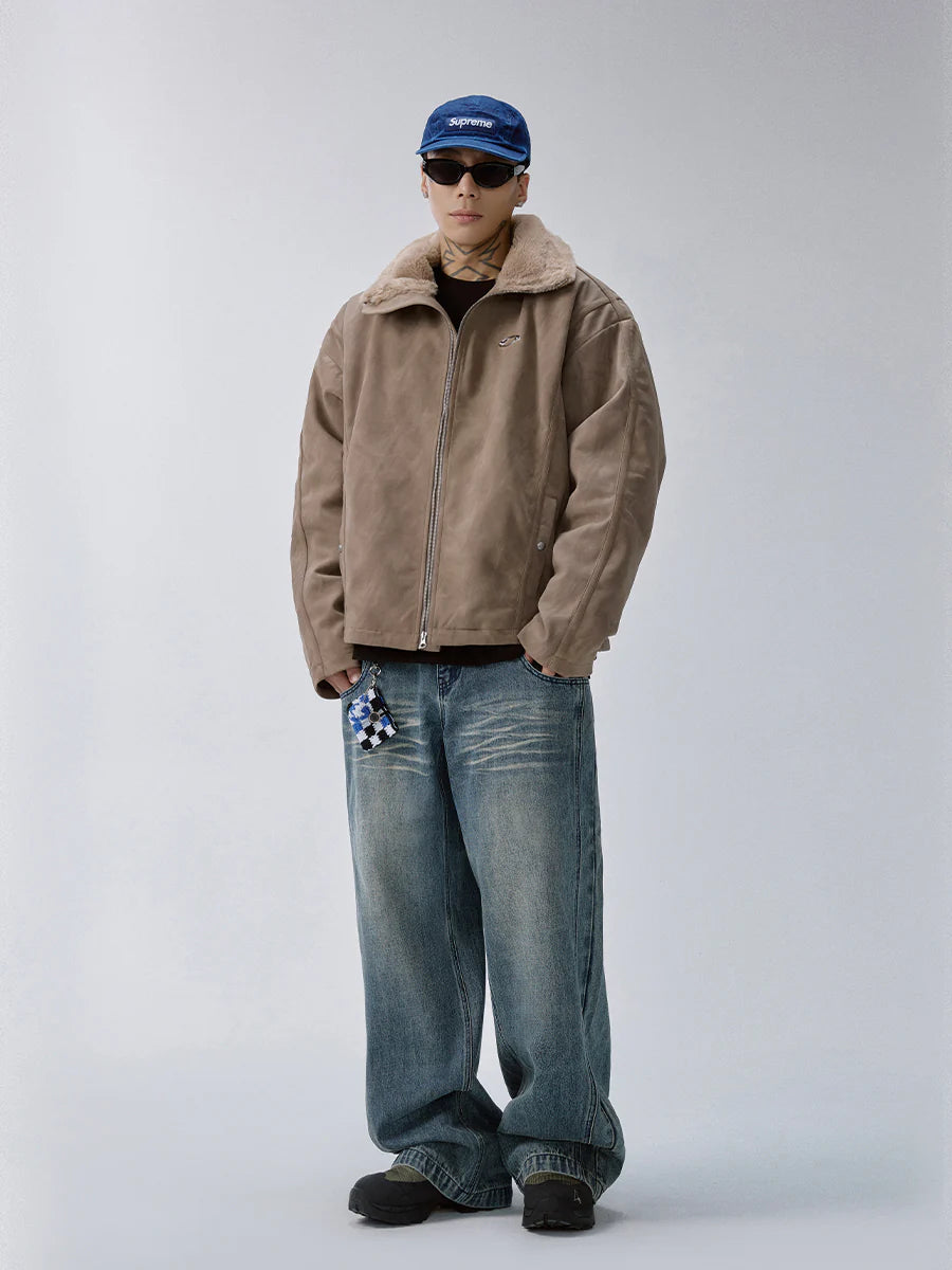 F2CE Aged Suede Faux Fur High-Collar Jacket
