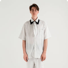 WIID Striped Contrast-Collar Tie-Neck Half Shirt