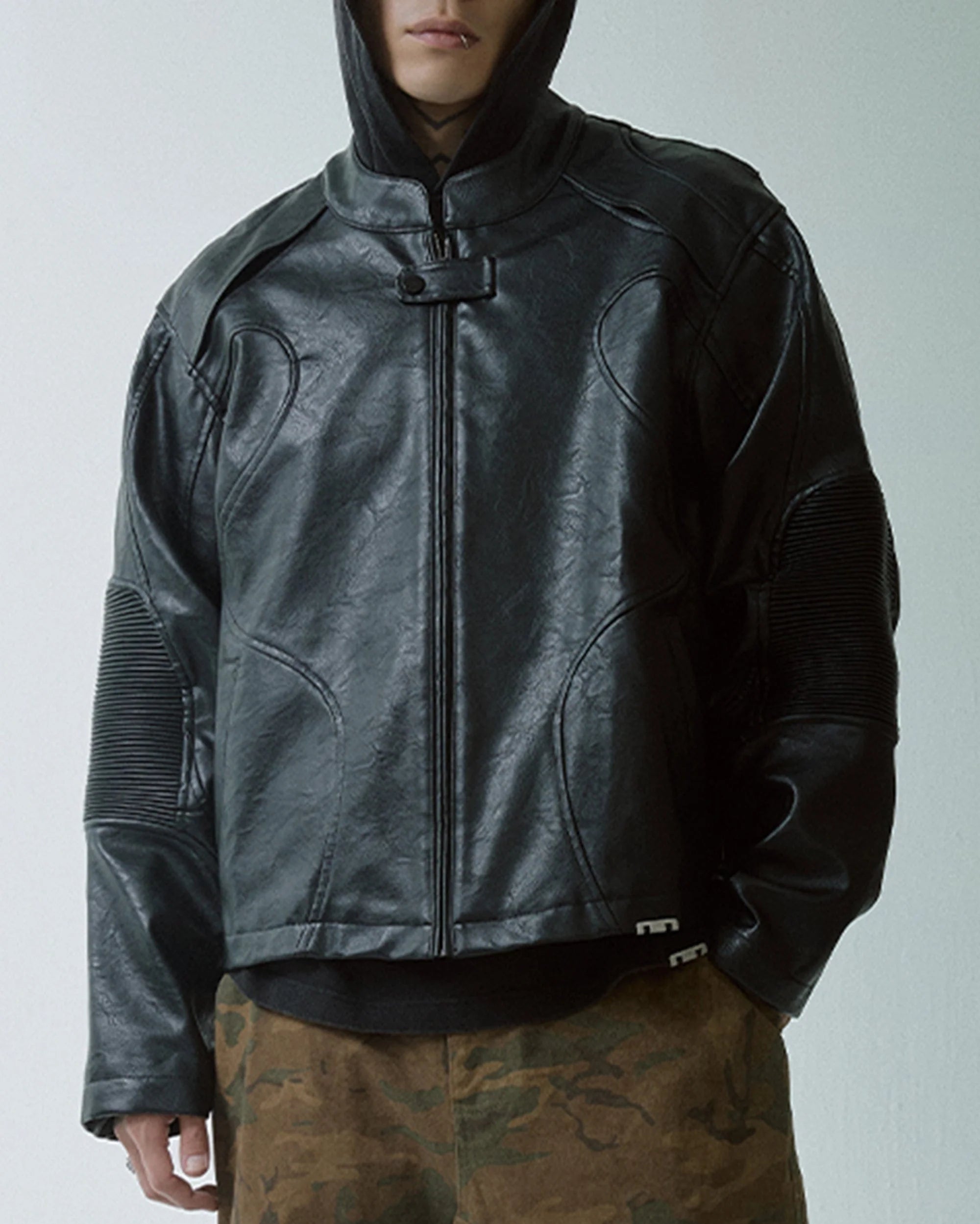 F2CE Modern Deconstructed Faux Leather Biker Jacket Black