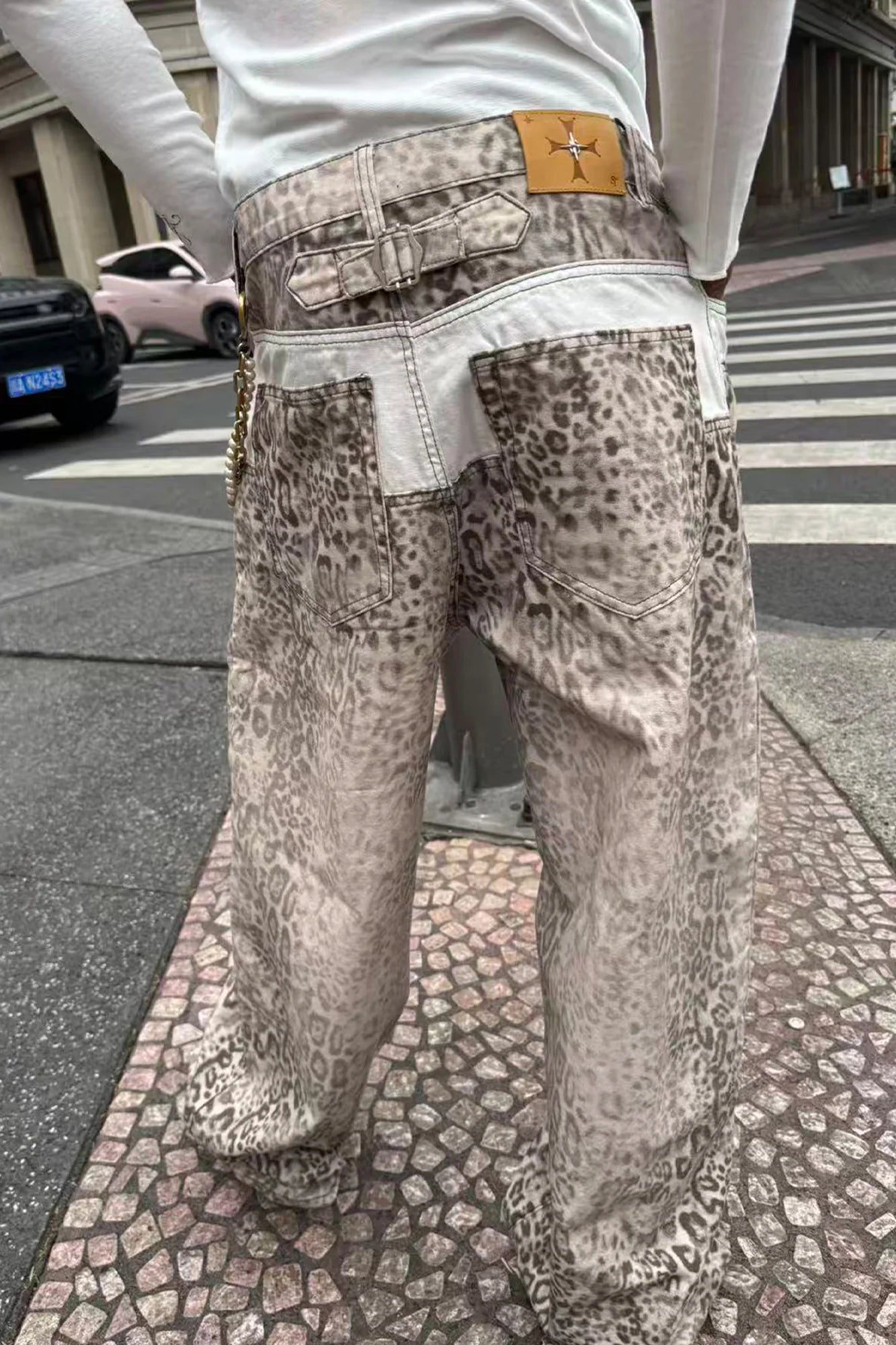 STEEPC Leopard Washed Paneled Wide-Leg Pants