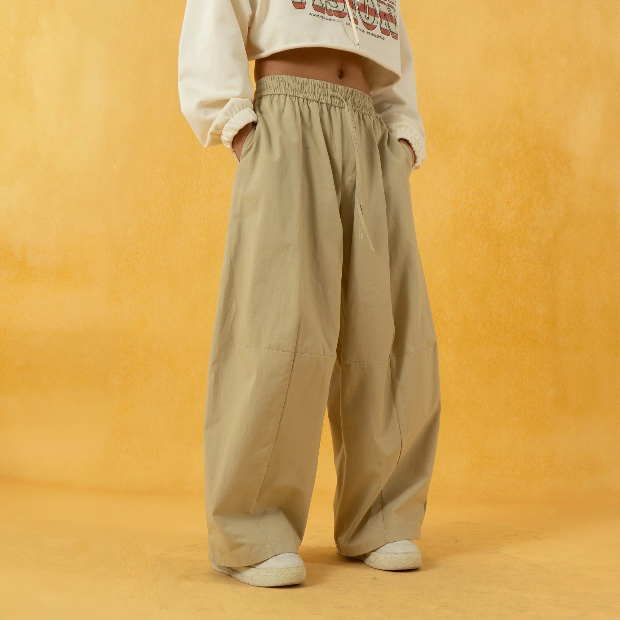 CLP Spliced Pleated Drawstring Wide-Leg Pants