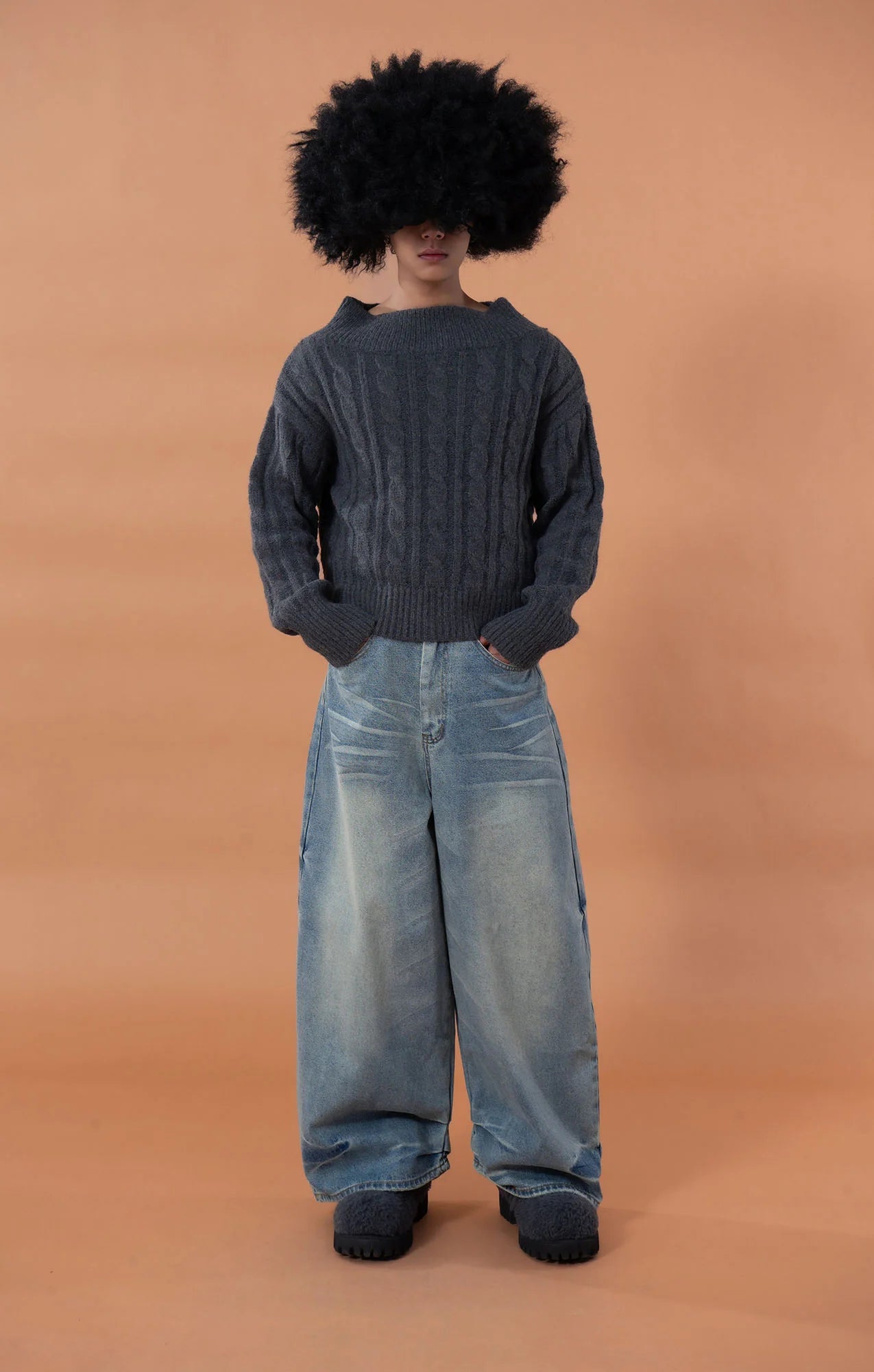CLP Whiskering Washed Oversized Curved-Leg Jeans