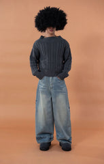CLP Whiskering Washed Oversized Curved-Leg Jeans