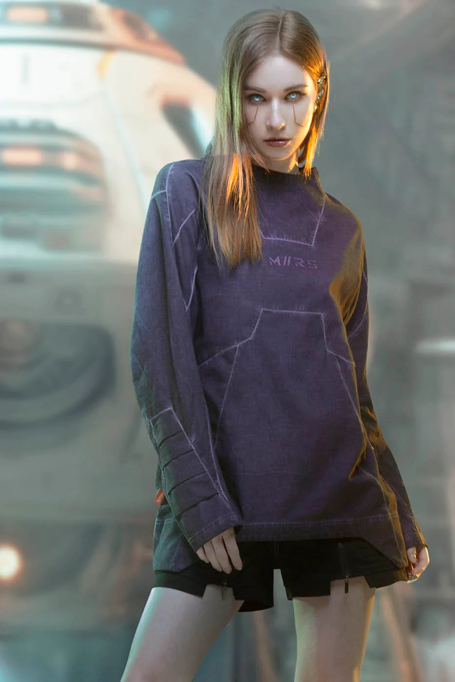 XIPHEVIL Futuristic-Distressed Paneled L/S Tee