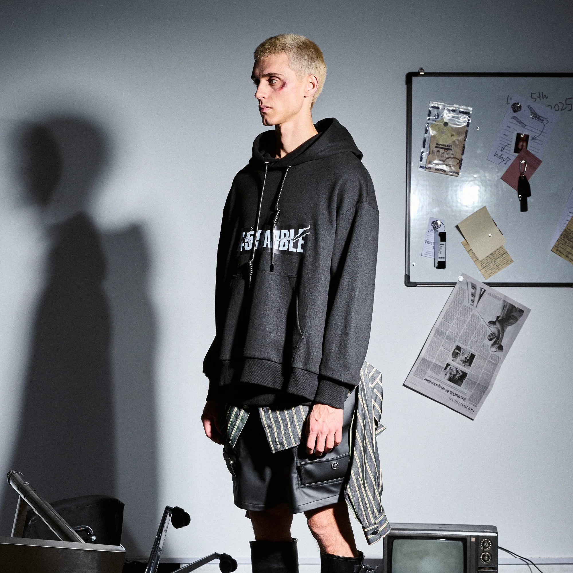 455EMBLE Deconstructed Layered Stripes Shirt-Paneled Hoodie