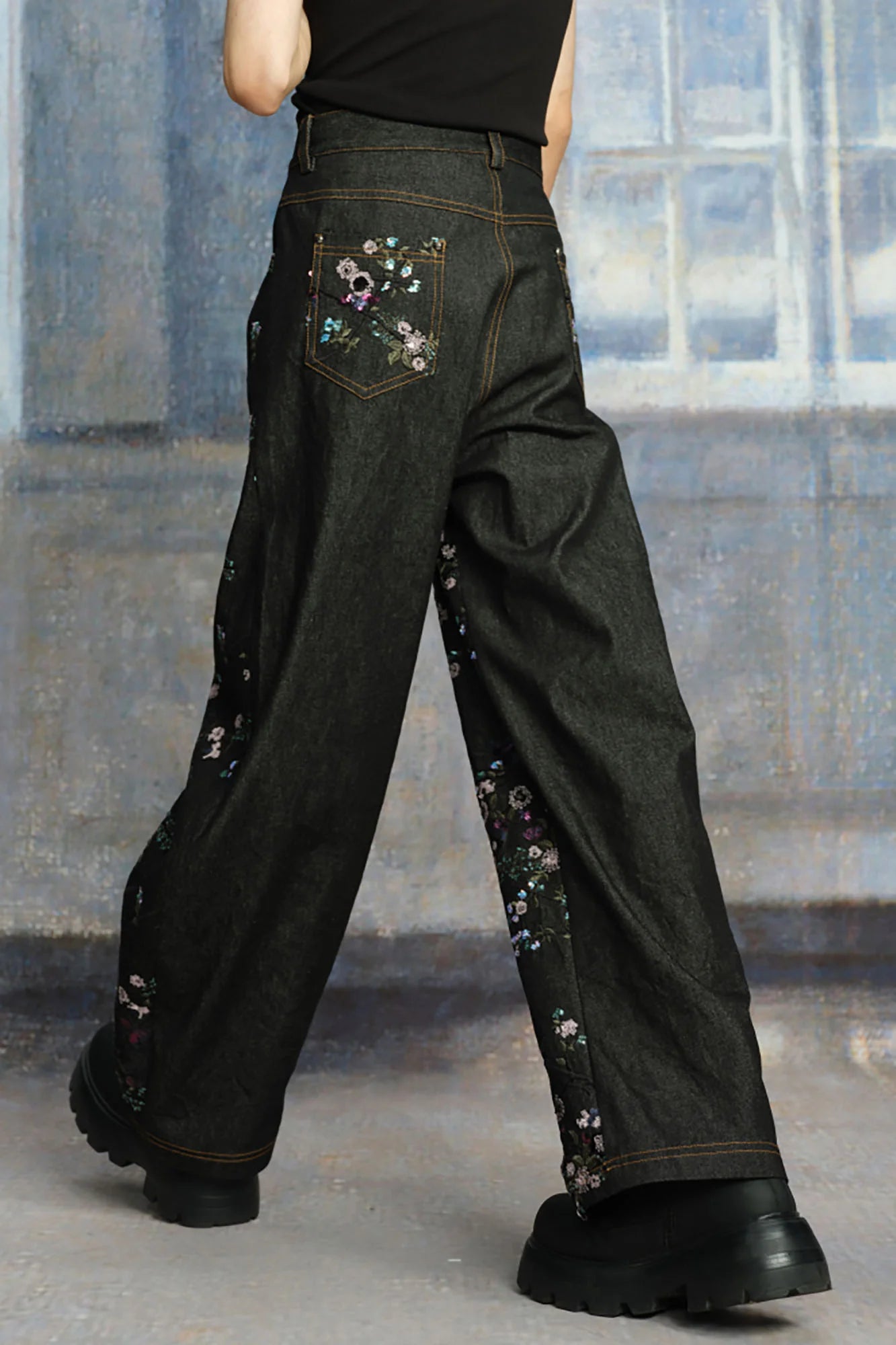 TUIMU Beaded Floral Embroidered Wide-Leg Denim Trousers