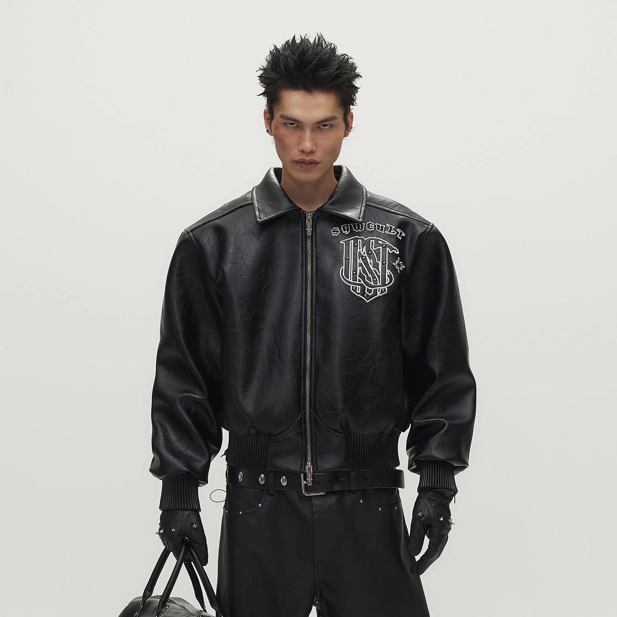 SAVAGEGROWTHWORLD No.05 Patch Faux Leather Studded Moto Jacket