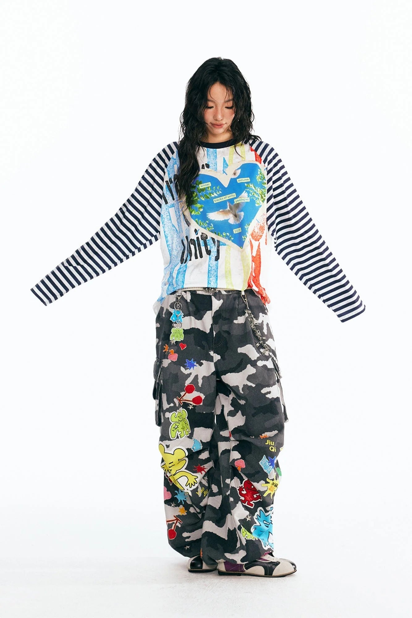 1997 POSTOFFICE Peace Dove Striped Raglan Long-Sleeve Tee