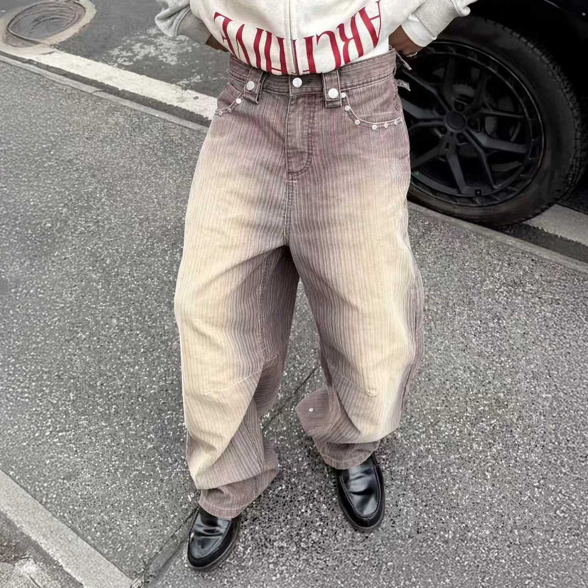 STEEPC Washed Striped Corduroy Studded Wide-Leg Pants