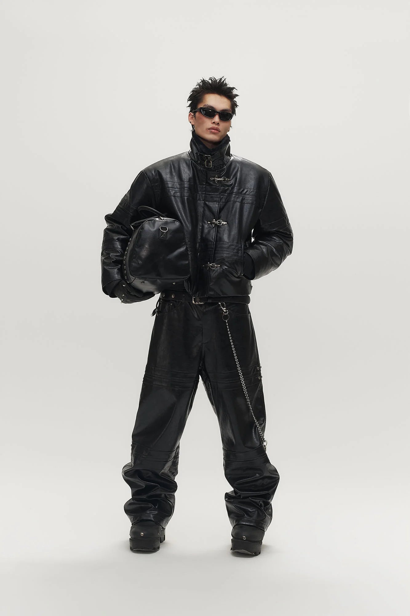 SAVAGEGROWTHWORLD Hook Buckle Faux Leather Puffer Jacket