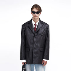ASSEEN Oversized Faux Leather Curved Stitch Blazer
