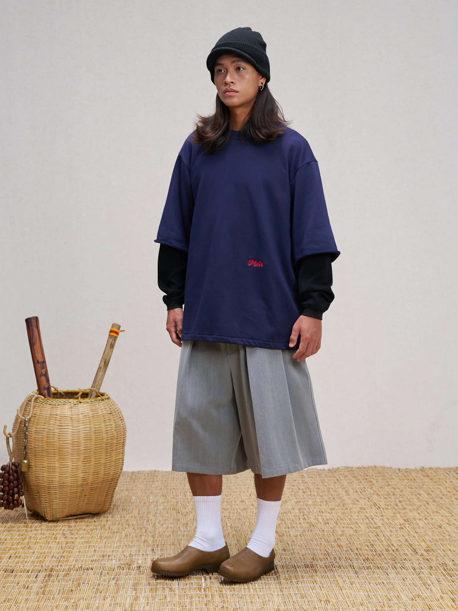 UNLIMITED MOTE Waffle Sleeve Layered Drawstring Hem Sweatshirt