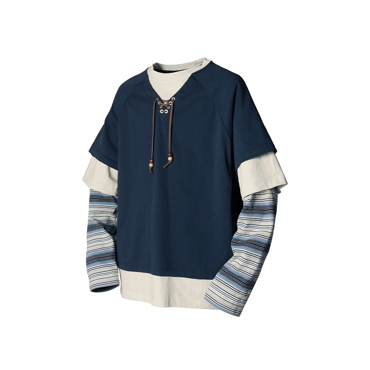 RELABEL Layered Stripe-Sleeve Lace-Up Sweatshirt Blue