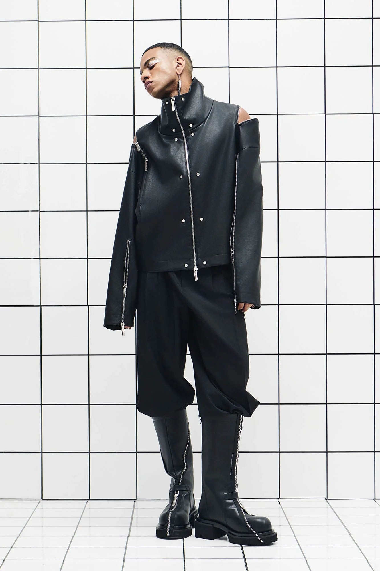 455EMBLE Multi-Zip Studded High-Collar PU Jacket