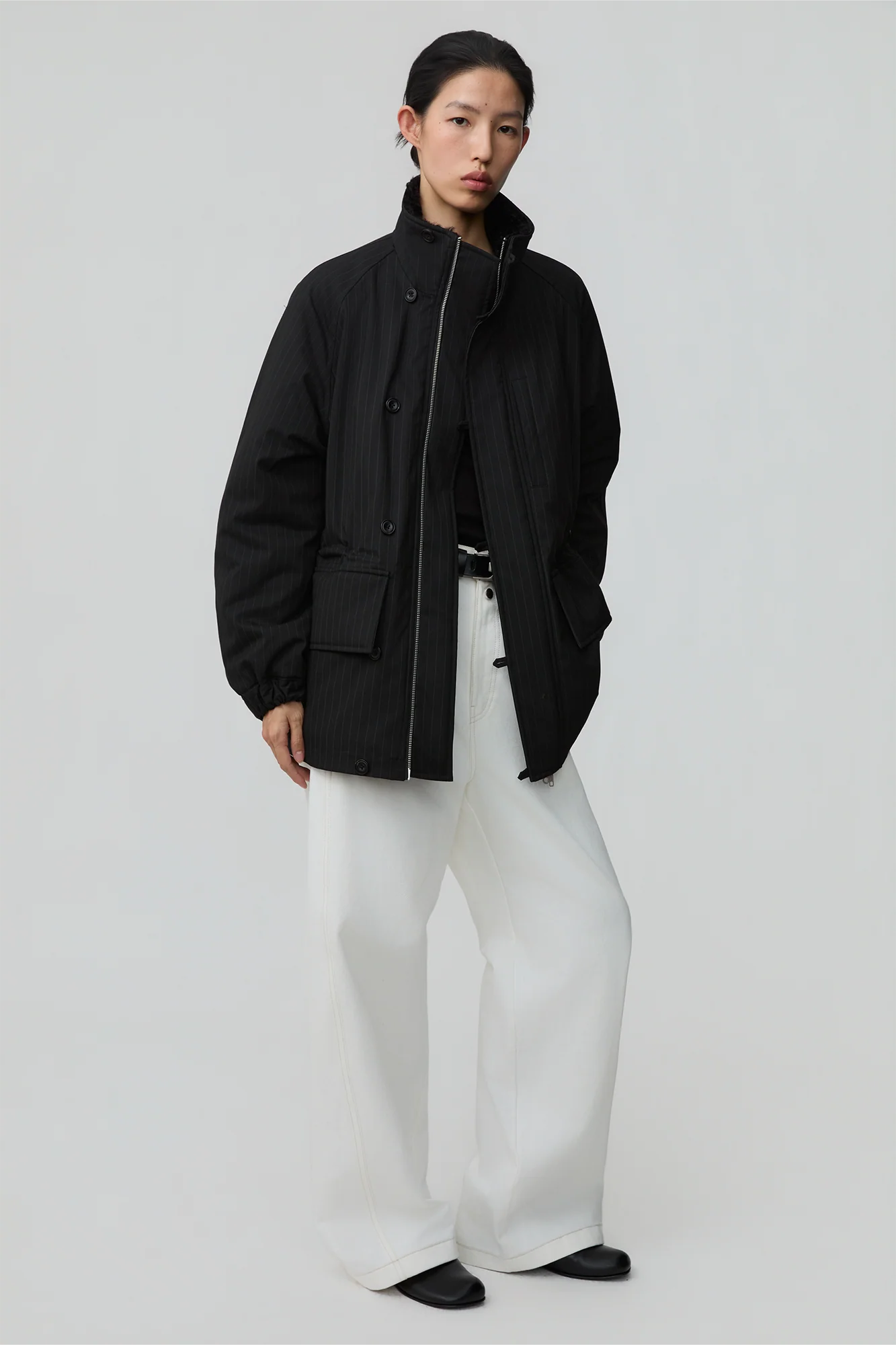 OPICLOTH Pinstriped Faux Fur-Lined Drawstring Jacket