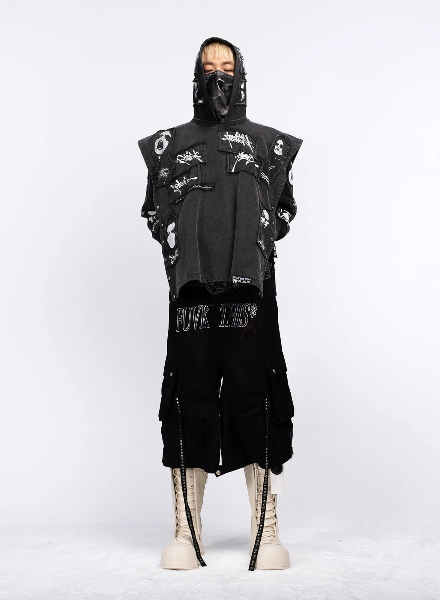 FVVO Distressed Rivet Strap Cargo Shorts Black
