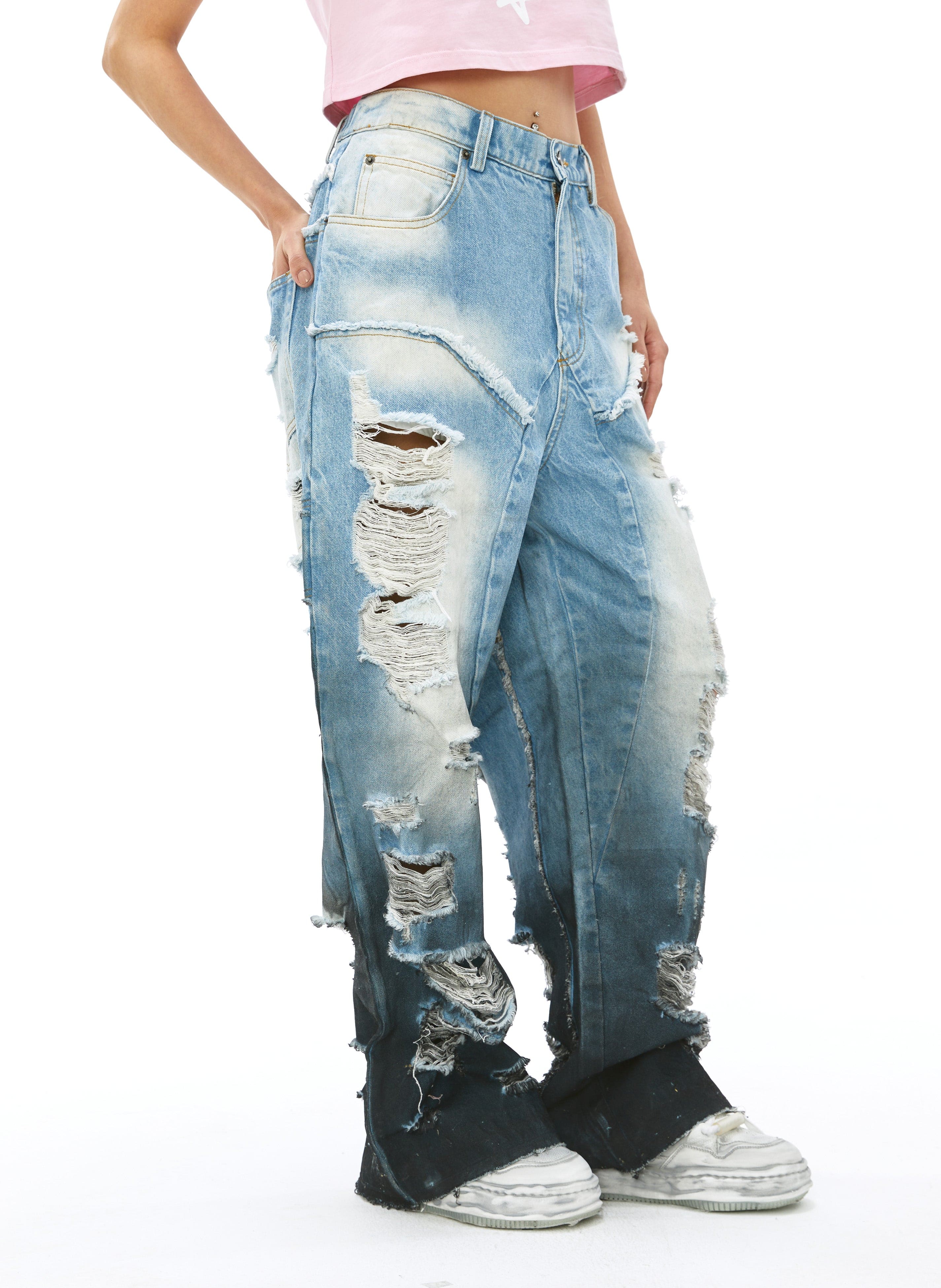 VANN VALRENCE Distressed Gradient Wash Structural Ripped Jeans