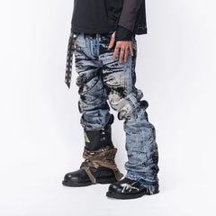 FVVO Distressed Flocked Slant Fly Jeans