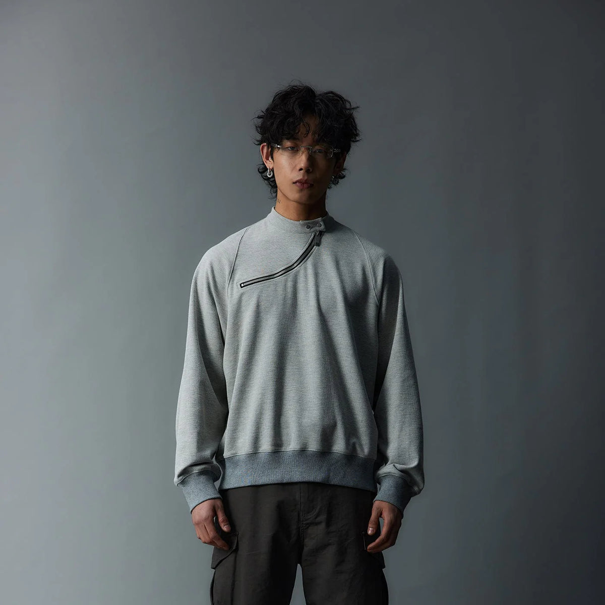 WHISTLEHUNTER Asymmetrical Zipper Rivet Mock Neck Light Sweatshirt