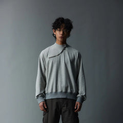 WHISTLEHUNTER Asymmetrical Zipper Rivet Mock Neck Light Sweatshirt