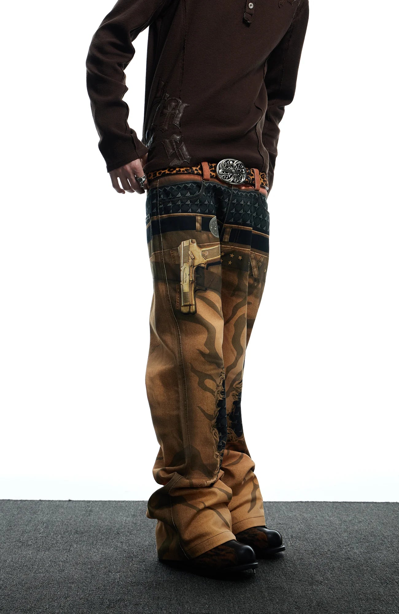DND4DES Distressed Print Double-Waist Flare Jeans Khaki