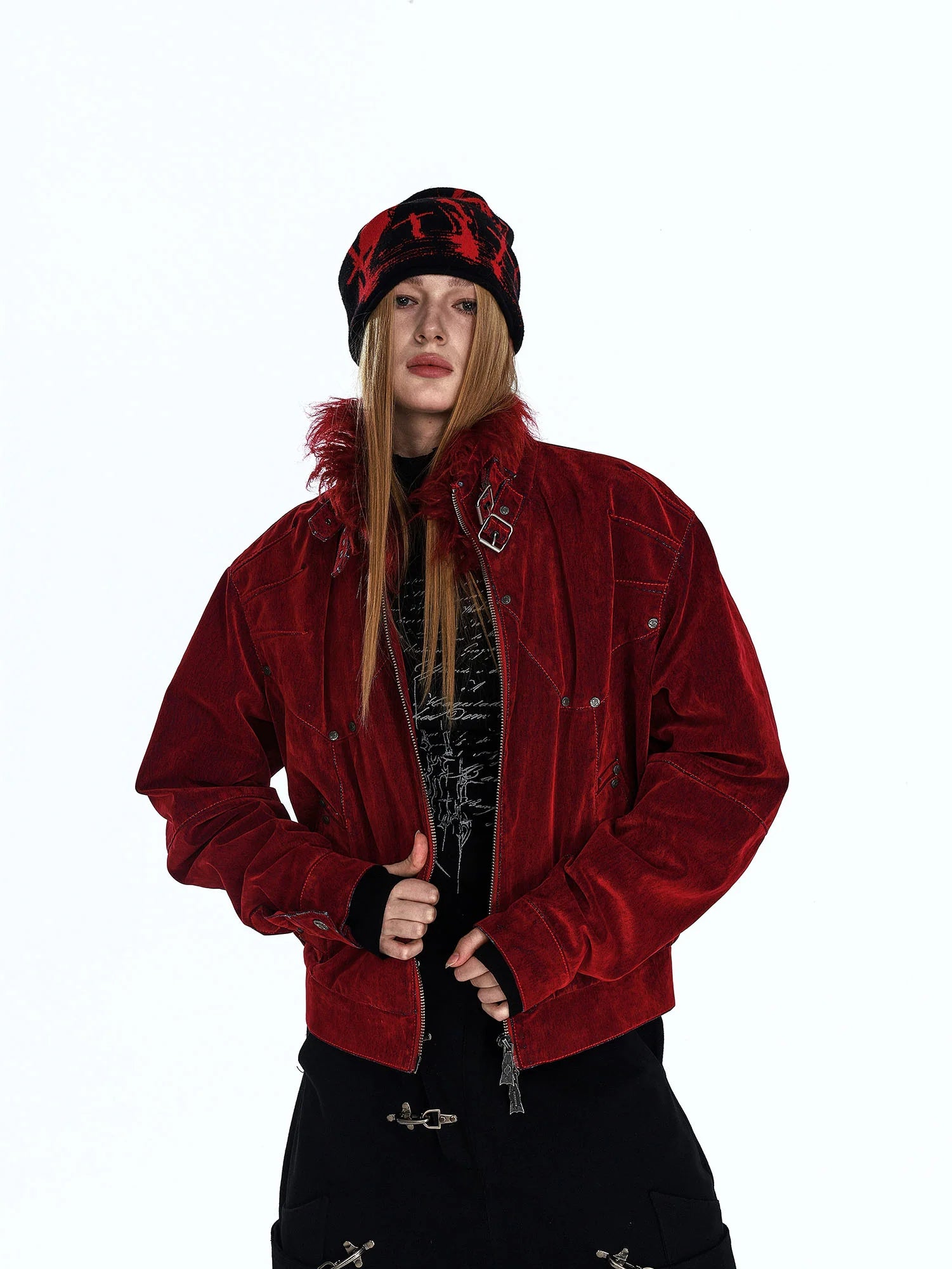 FLYERRER Retro Furry Collar Panel Denim Jacket