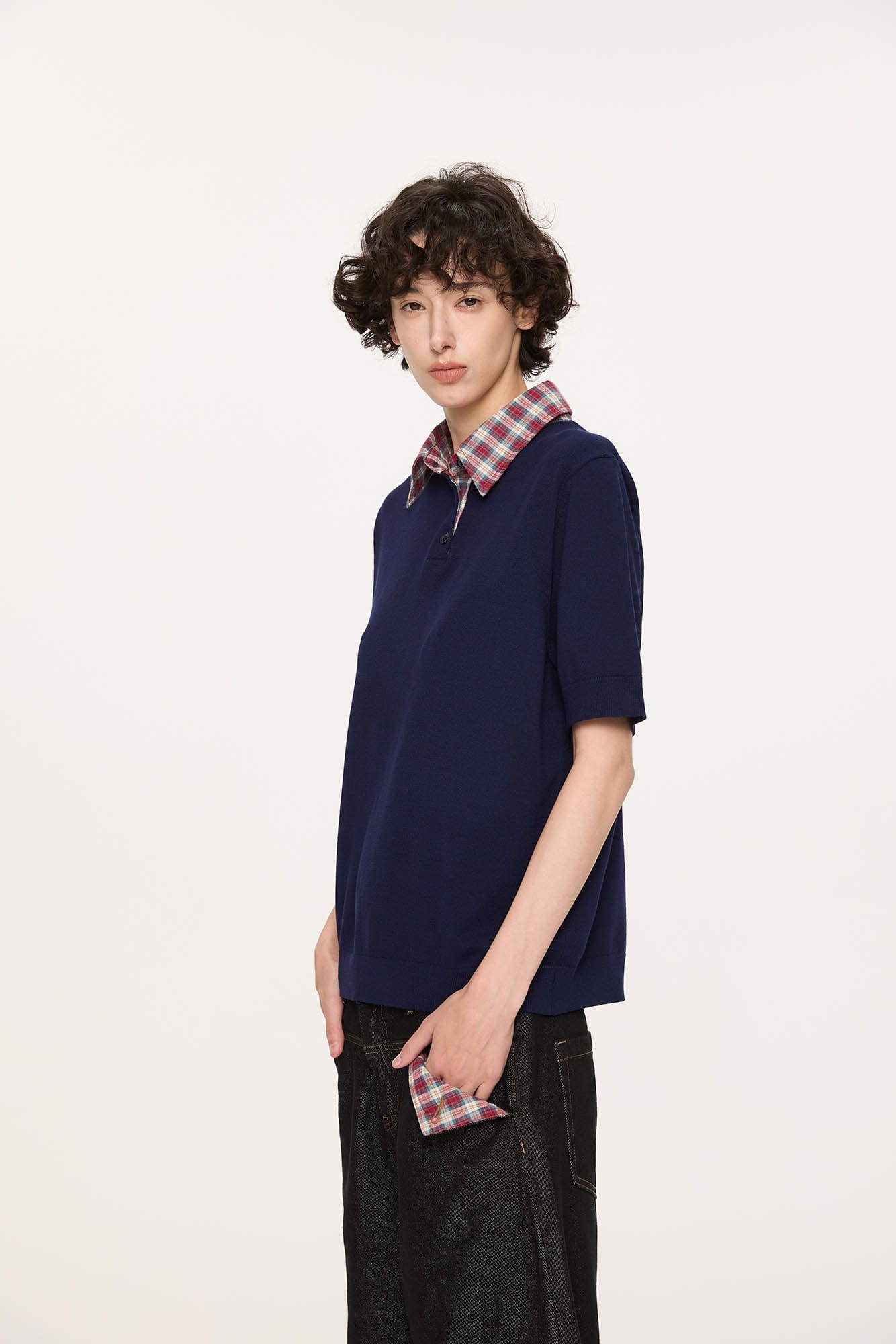 KREATE Preppy Spliced Plaid Collar Knit Polo