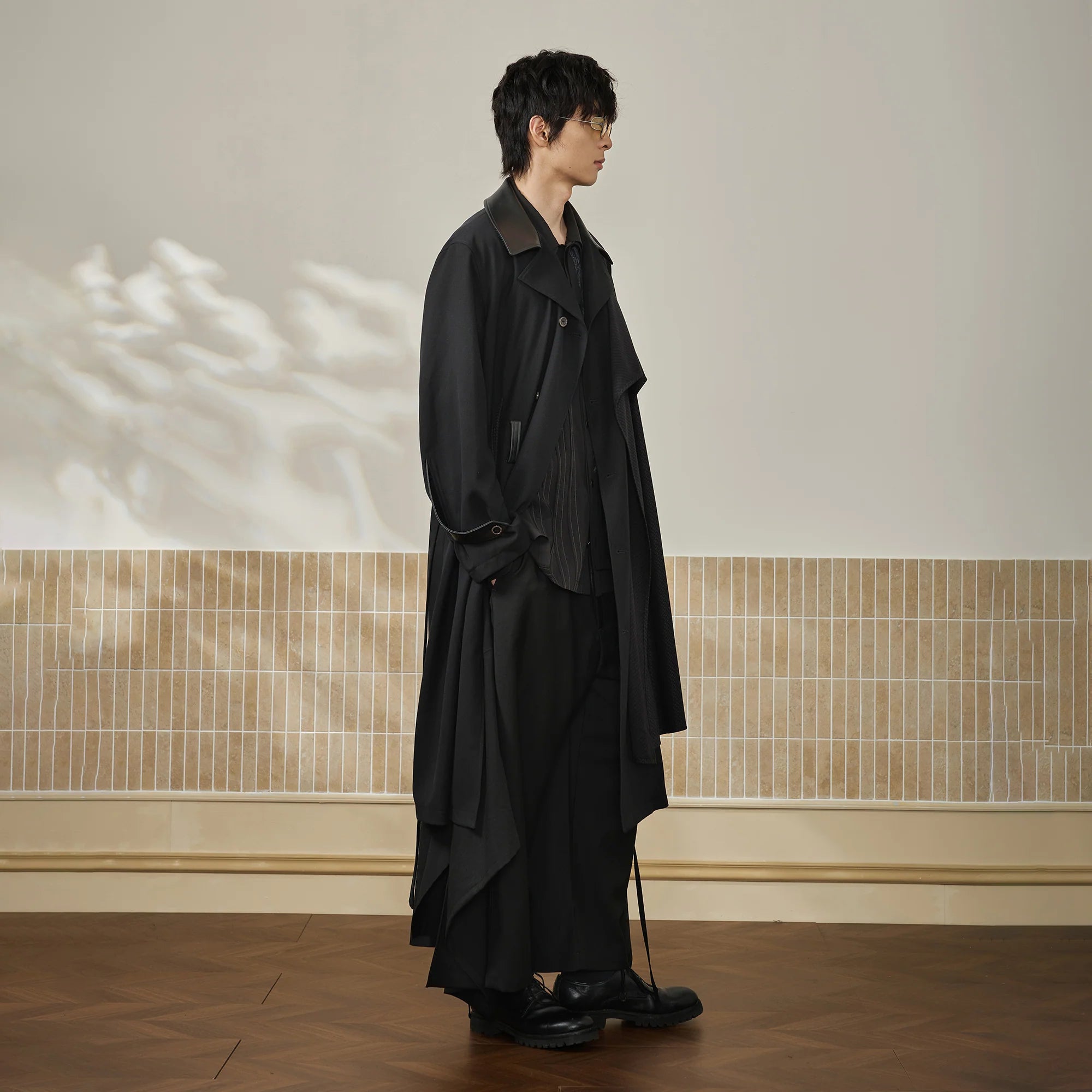 MOITIEDEPETALE Leather Paneled Belted Oversized Trench