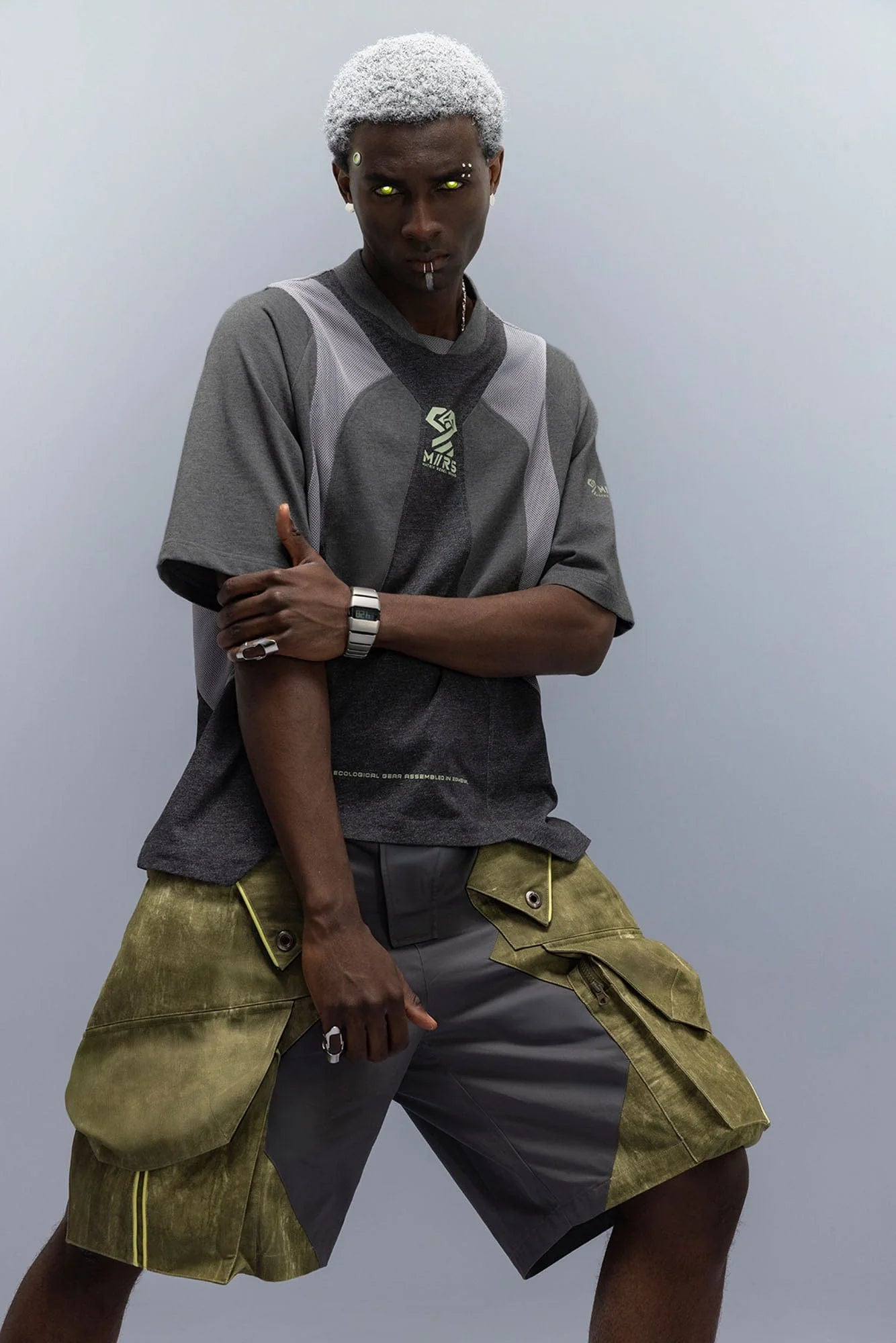 XIPHEVIL Washed Contrast Panel Pocket Utility Shorts Green