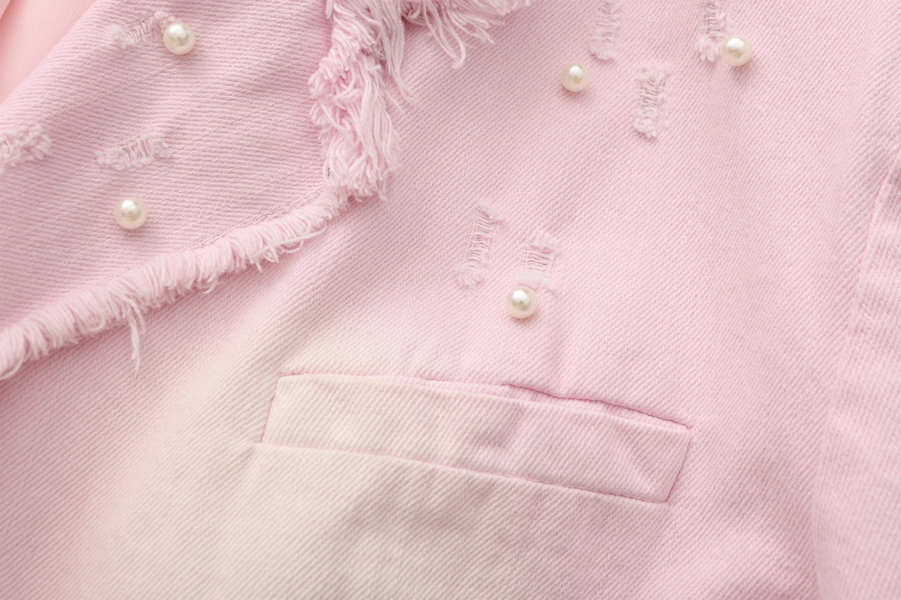 VANN VALRENCE Washed Beaded Frayed Denim Jacket