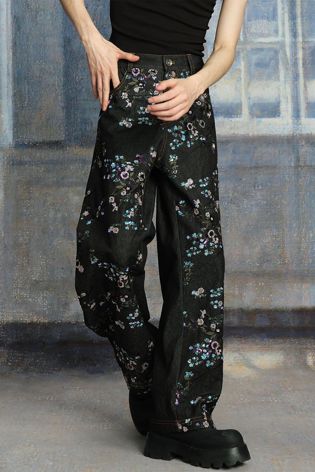 TUIMU Beaded Floral Embroidered Wide-Leg Denim Trousers