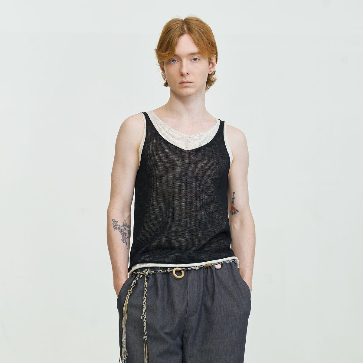 LEONSENSE Contrast Layered V-Neck Knit Tank Top