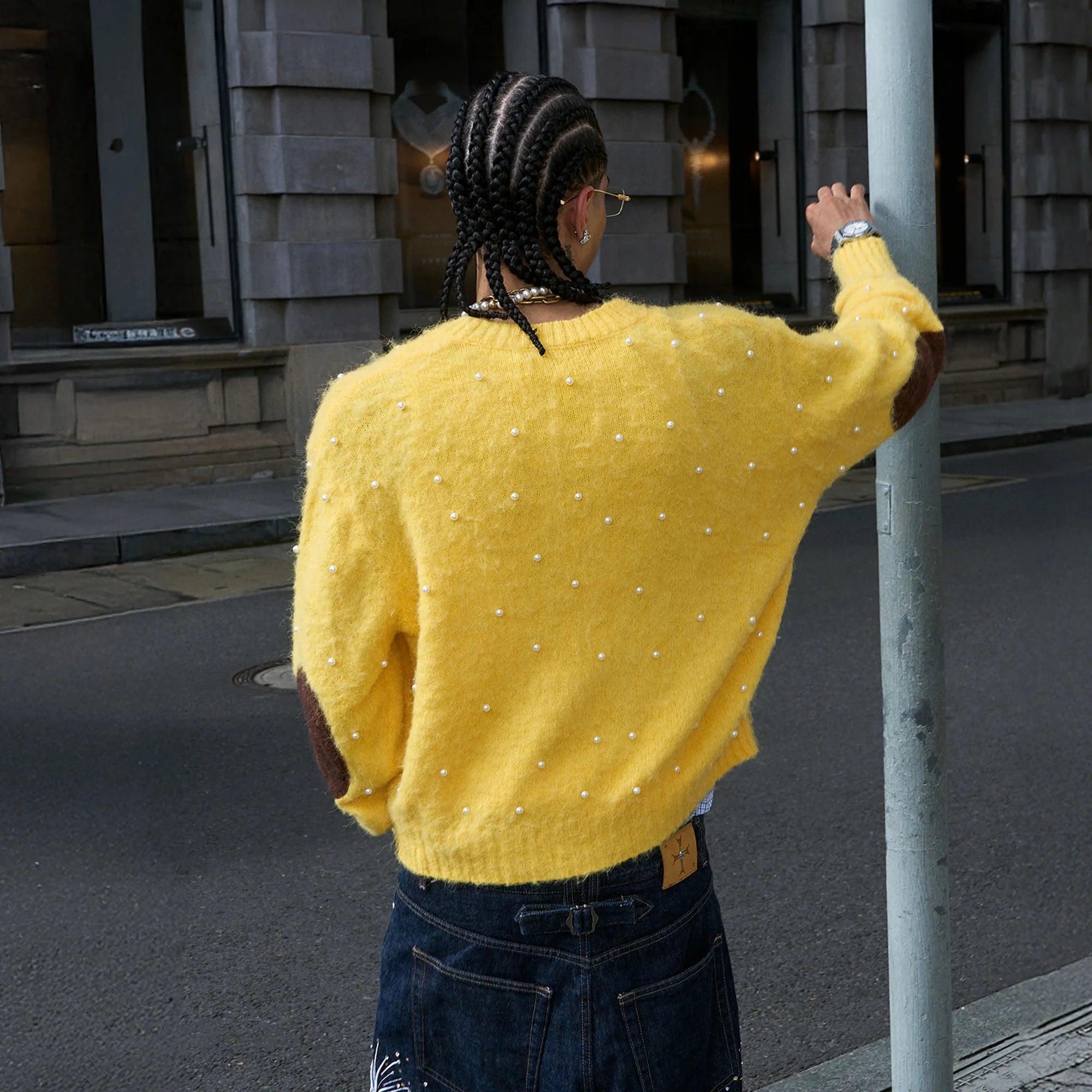 STEEPC Pearl-Studded Contrast Elbow Patch Cardigan