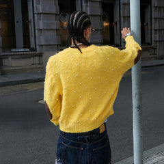 STEEPC Pearl-Studded Contrast Elbow Patch Cardigan
