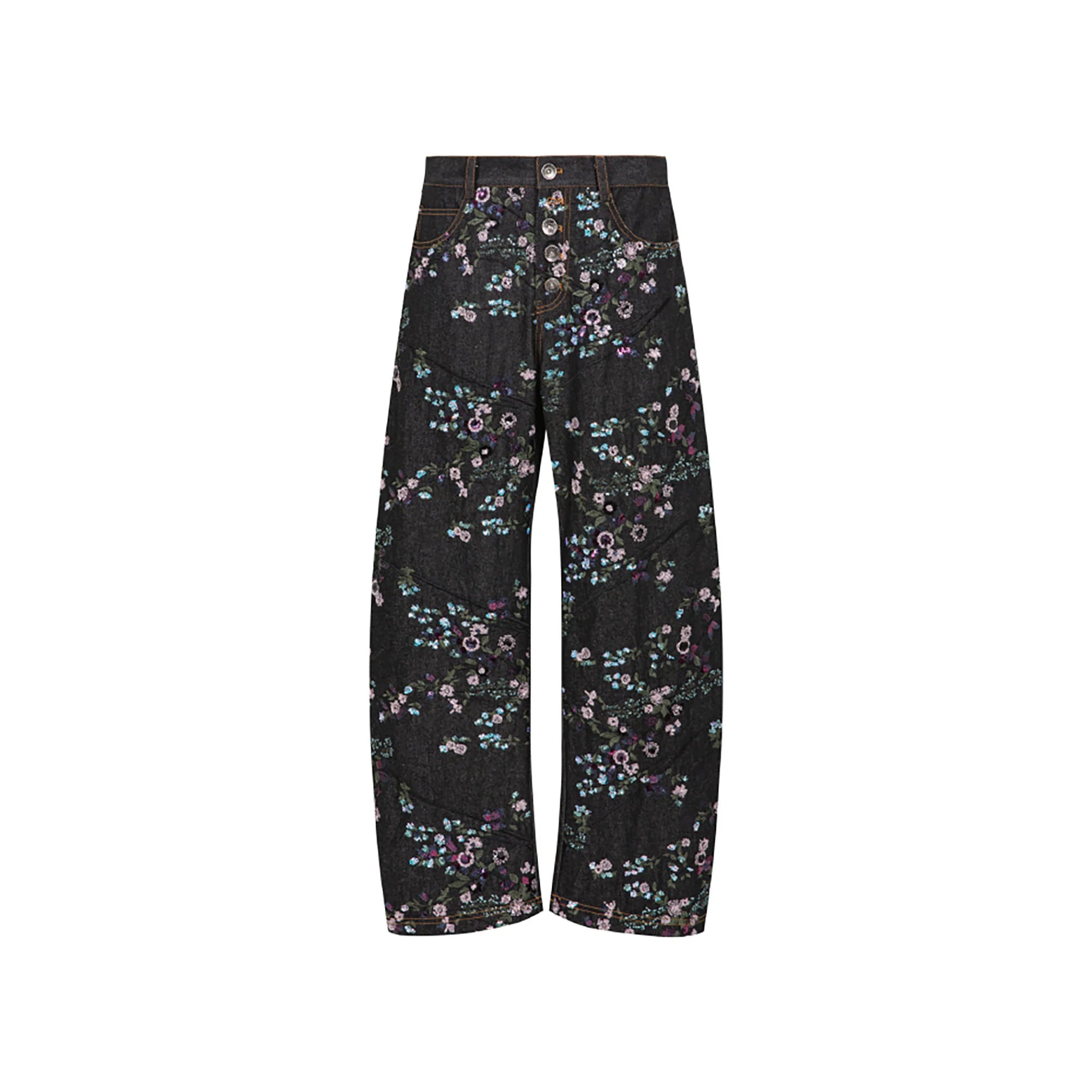 TUIMU Beaded Floral Embroidered Wide-Leg Denim Trousers