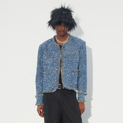 ASSEEN Washed Fringe Tweed Denim Jacket