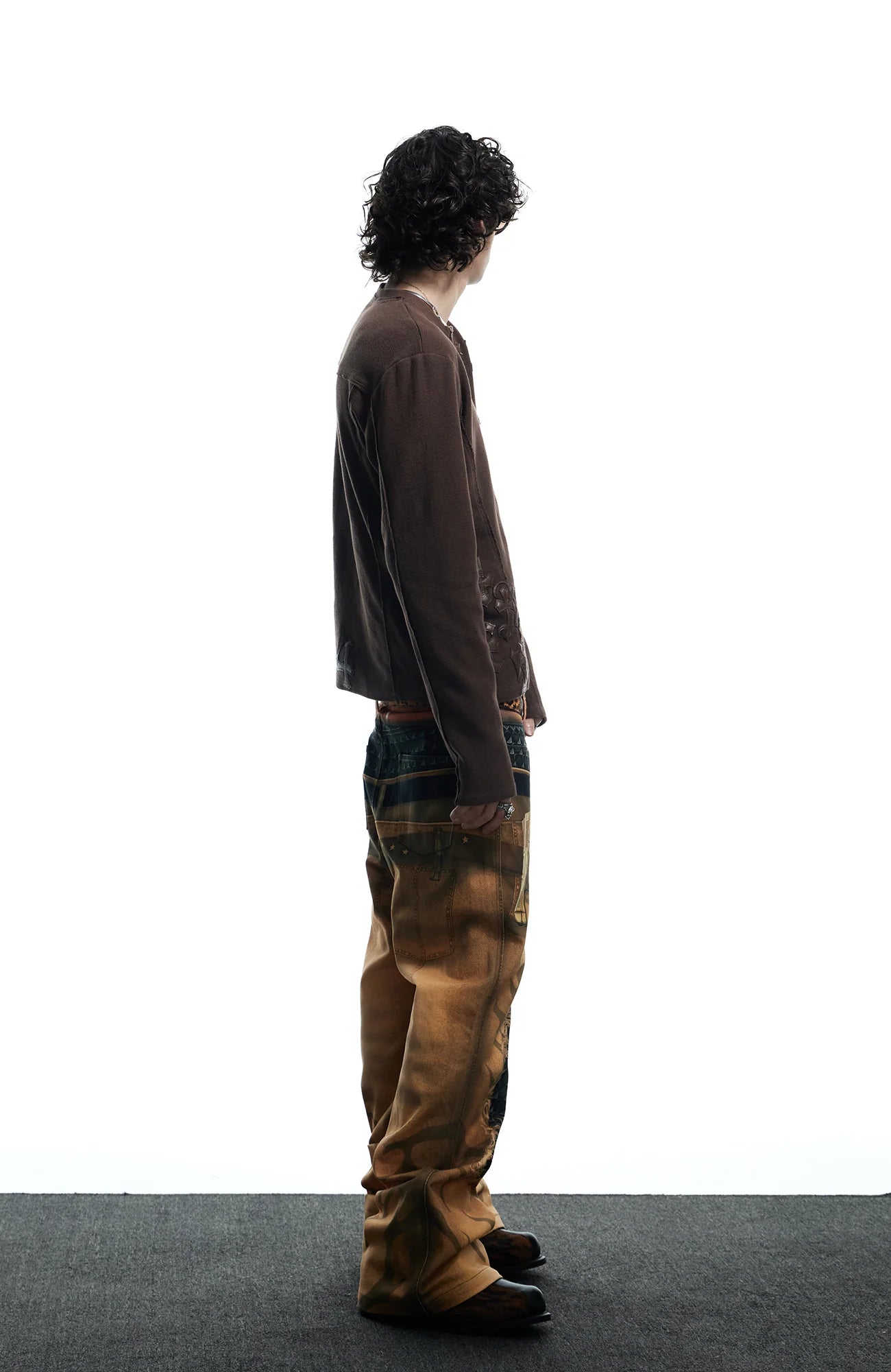 DND4DES Distressed Print Double-Waist Flare Jeans Khaki